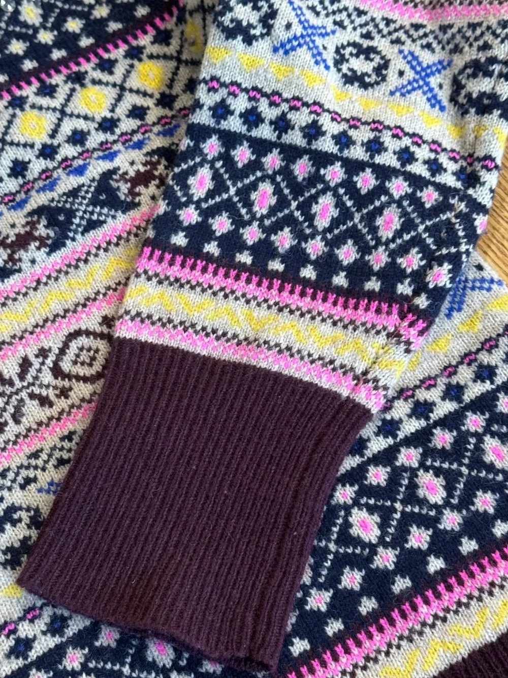 J. Crew Fair Isle Crewneck Sweater in Burgundy, Pink and Yellow